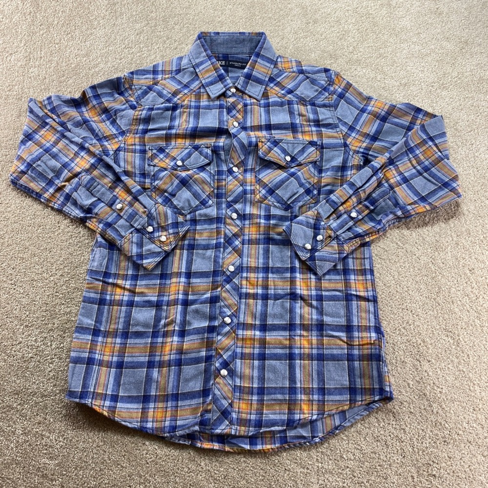 BKE Western Pearl Snap Shirt Mens Small Blue Orange Plaid Standard Fit Cowboy